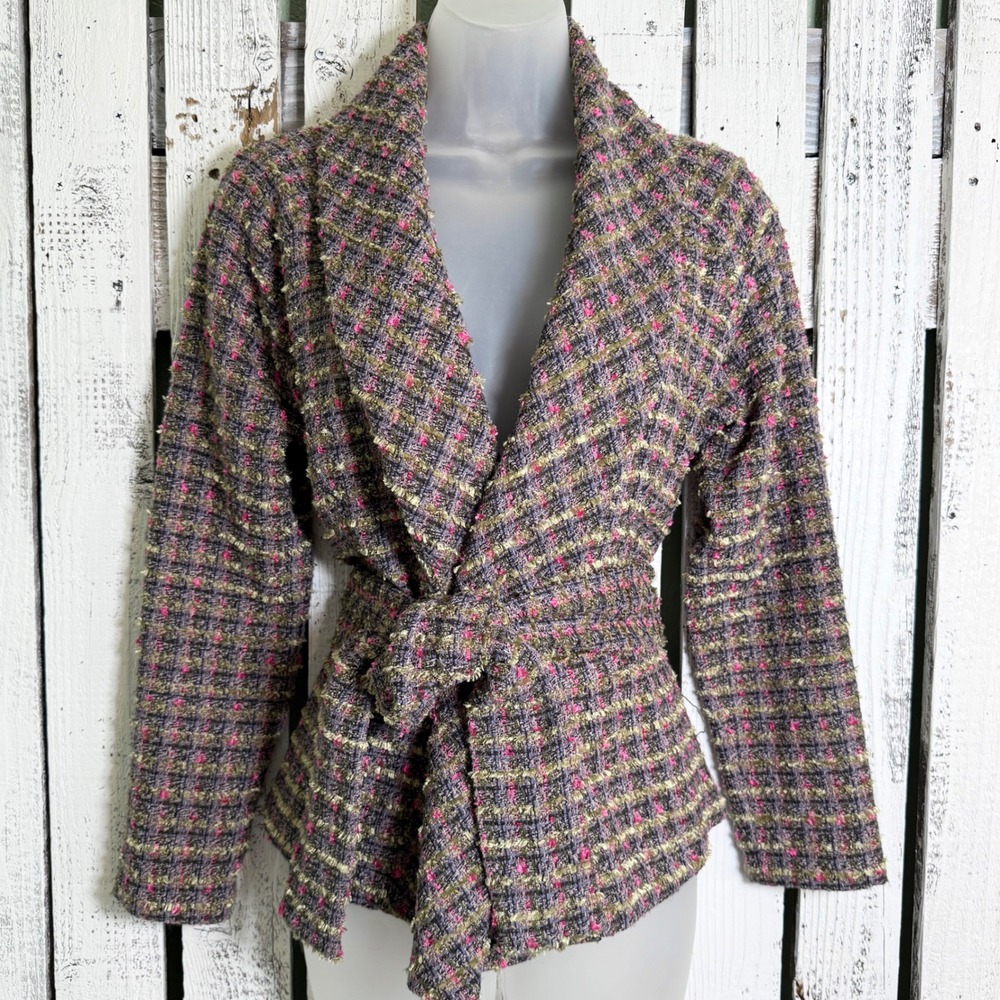 Wool Blend Plaid Jacket‎ Cardigan Open Front Belted Sz Medium Preppy Classy Chic